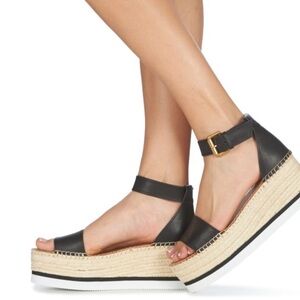 See by Chloé Black Leather Espadrille Wedge Sandals